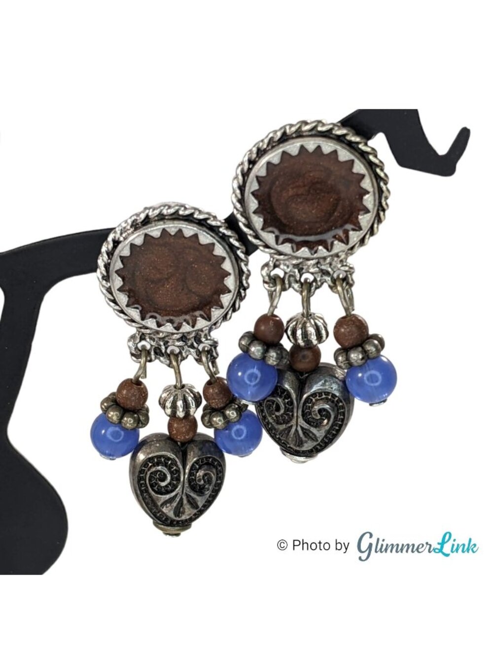 Vintage Ooops A Daisy Brown Enamel Blue Bead Heart Dangle Earrings
